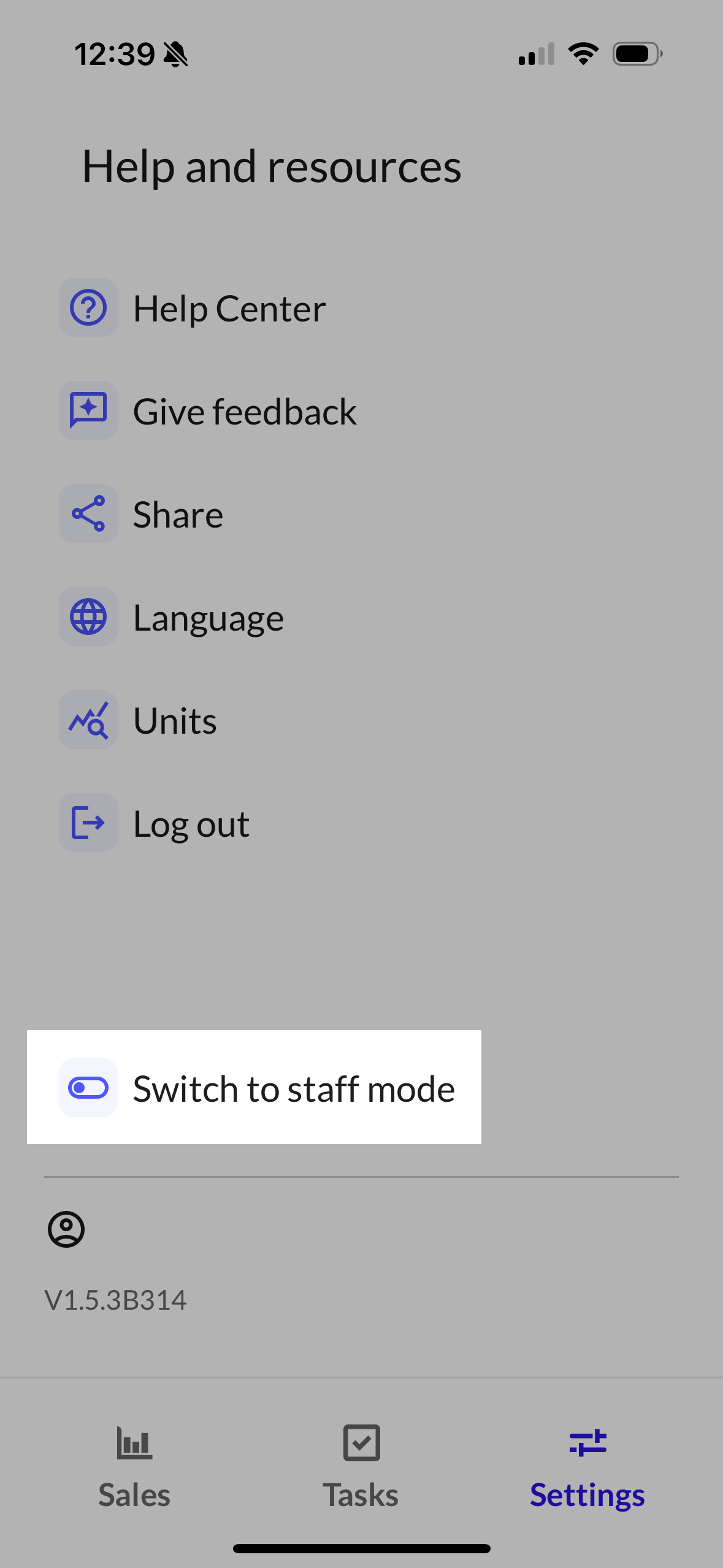 Settings tab in Lightspeed Pulse with the "Switch to staff mode" toggle highlighted.