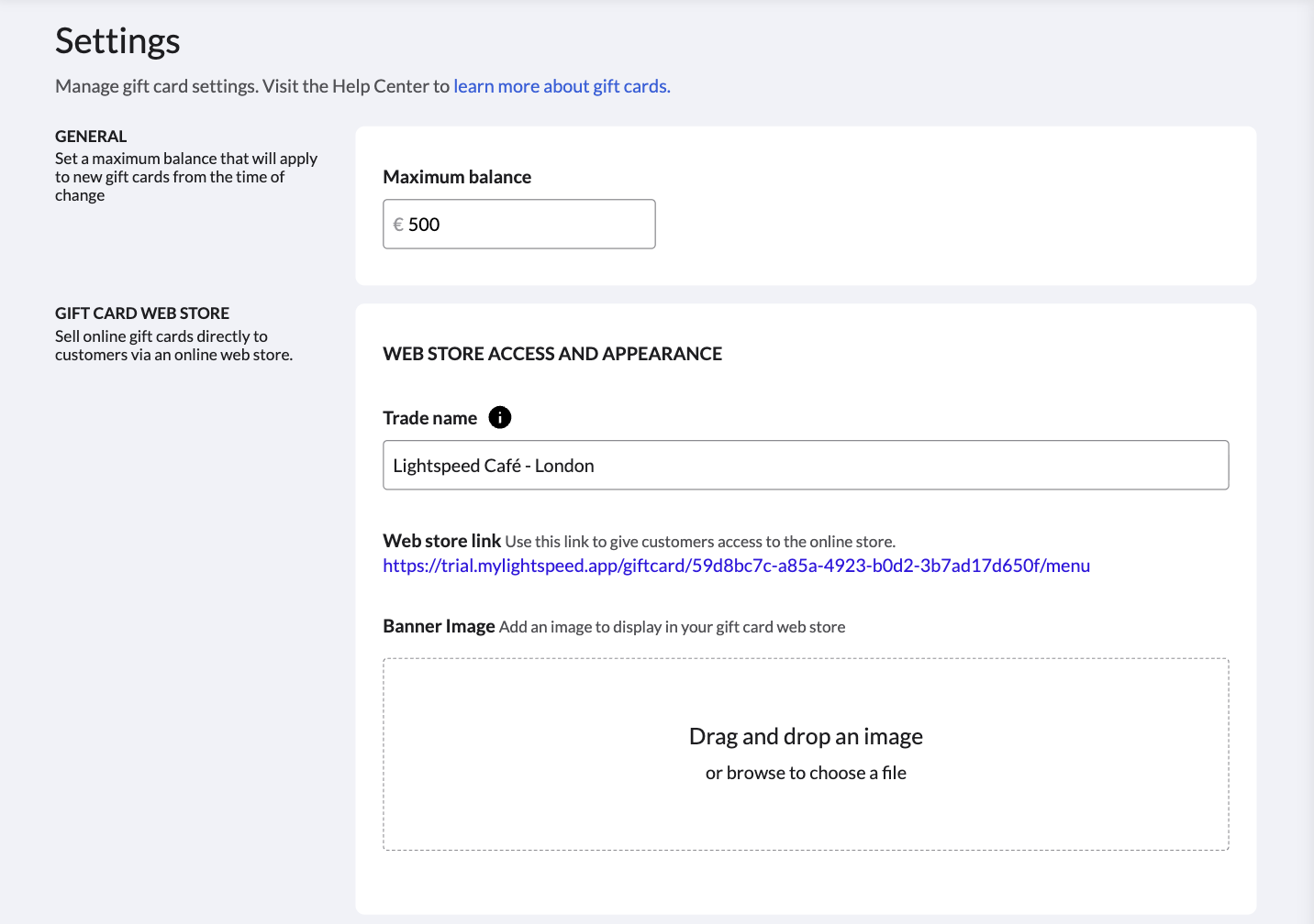 The Maximum balance and web store appearance sections