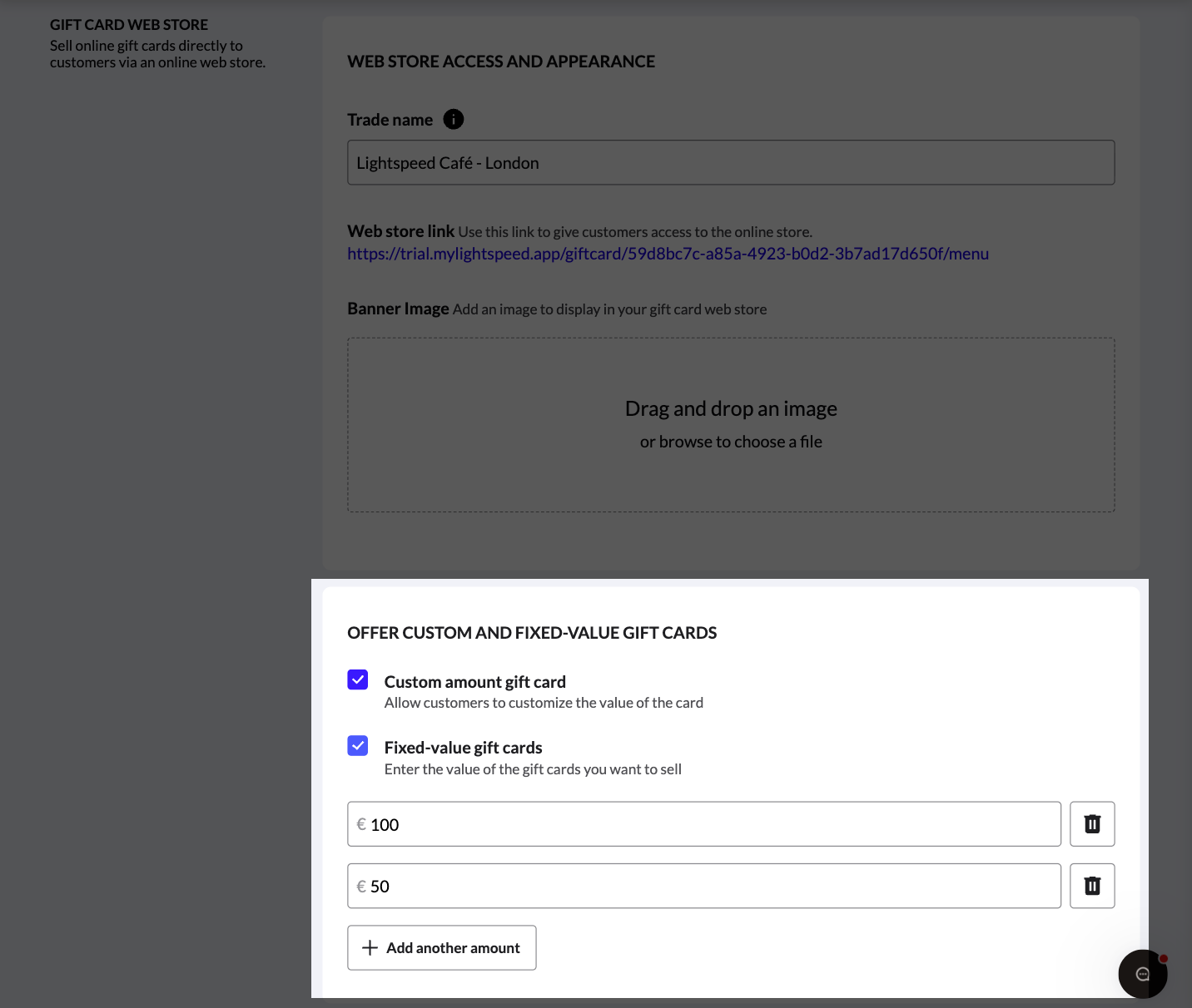 The Custom amount gift card and Fixed-value gift cards section highlighted