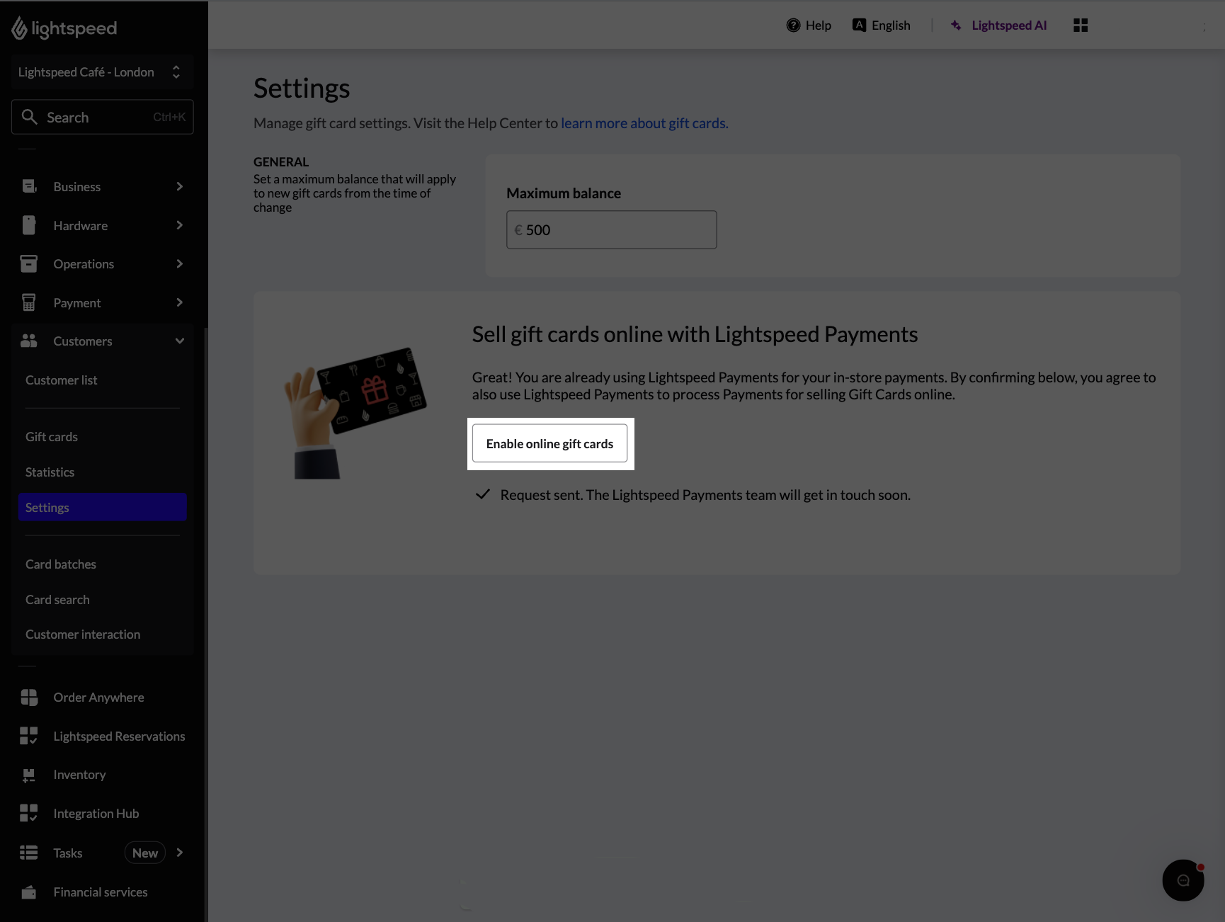 The Enable online gift cards button highlighted
