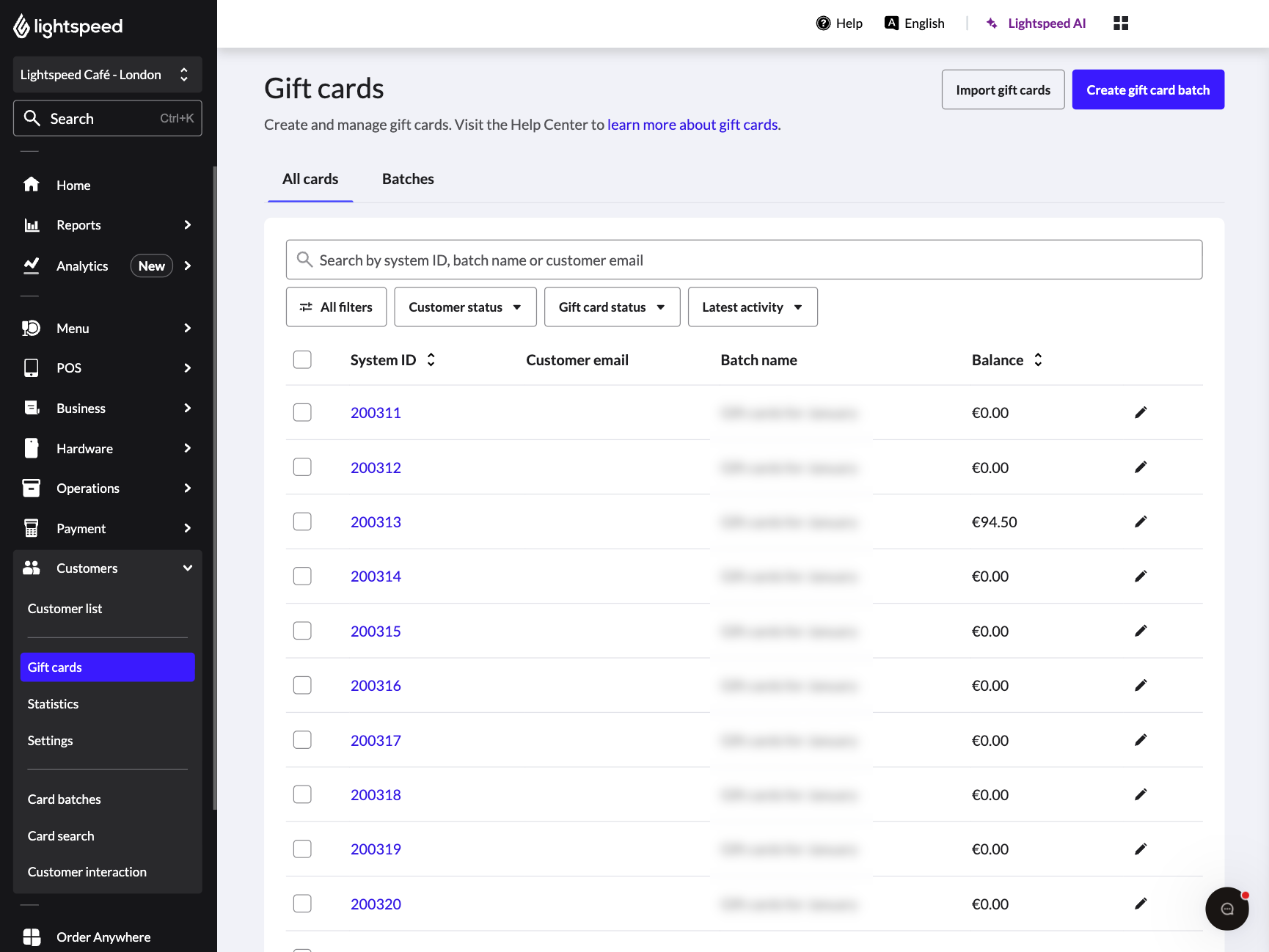 The Gift cards 2.0 main page