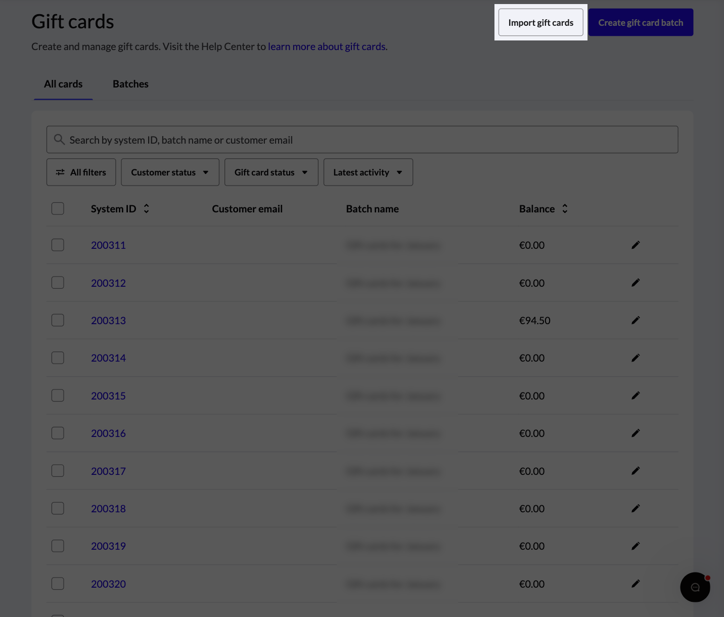 The Import gift cards button highlighted