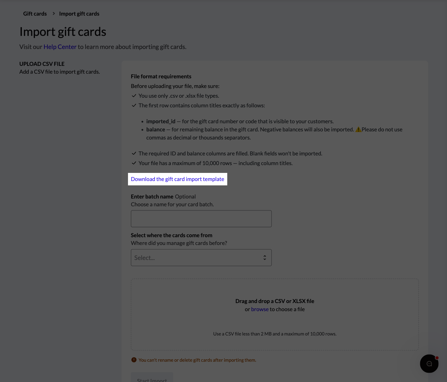 The Download the gift card import template link highlighted