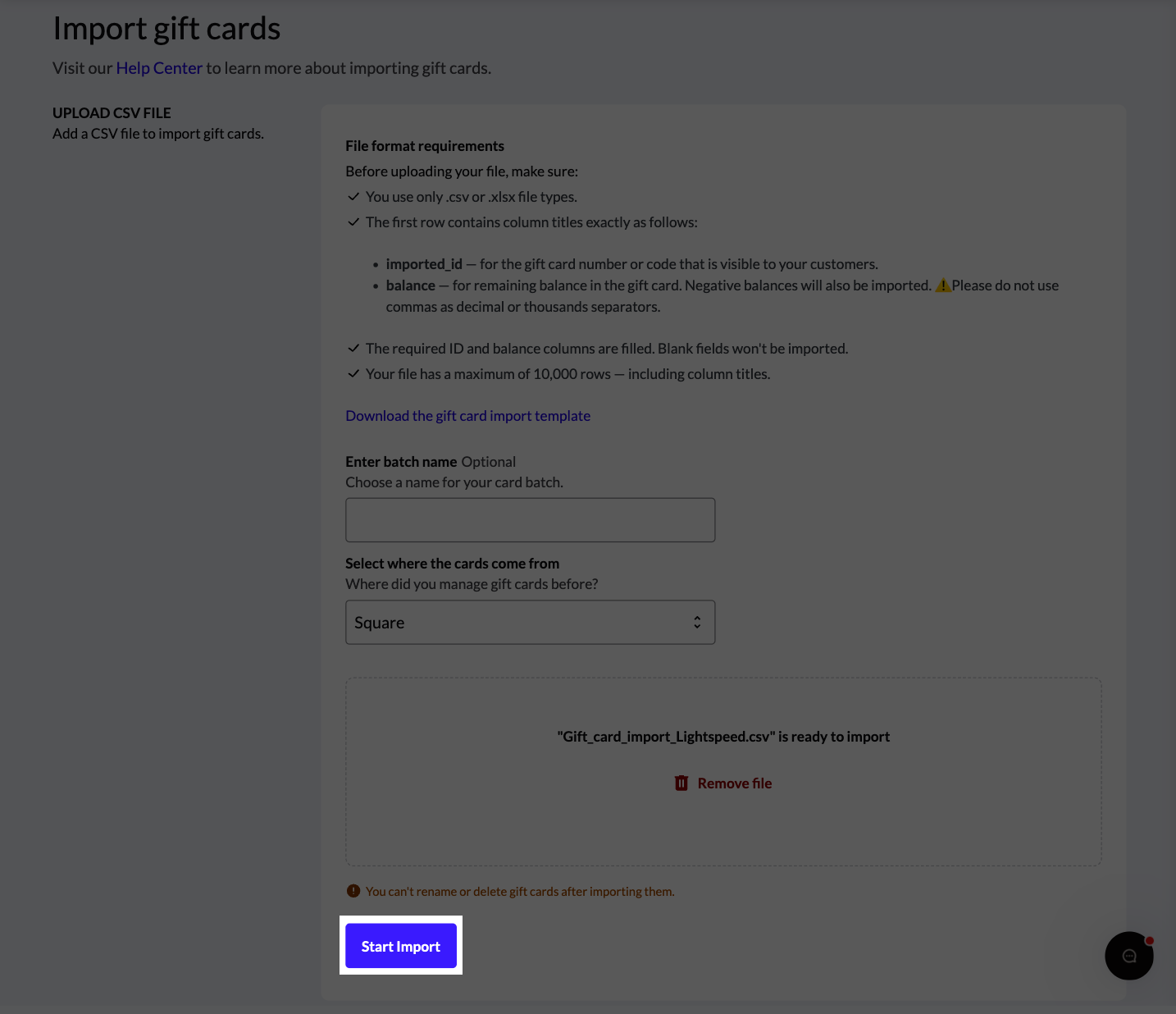 The Start import button highlighted