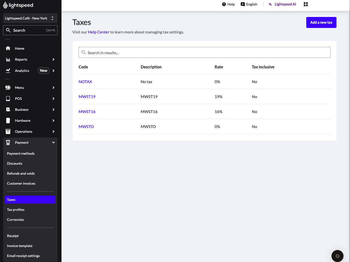 The Taxes page in the Back Office