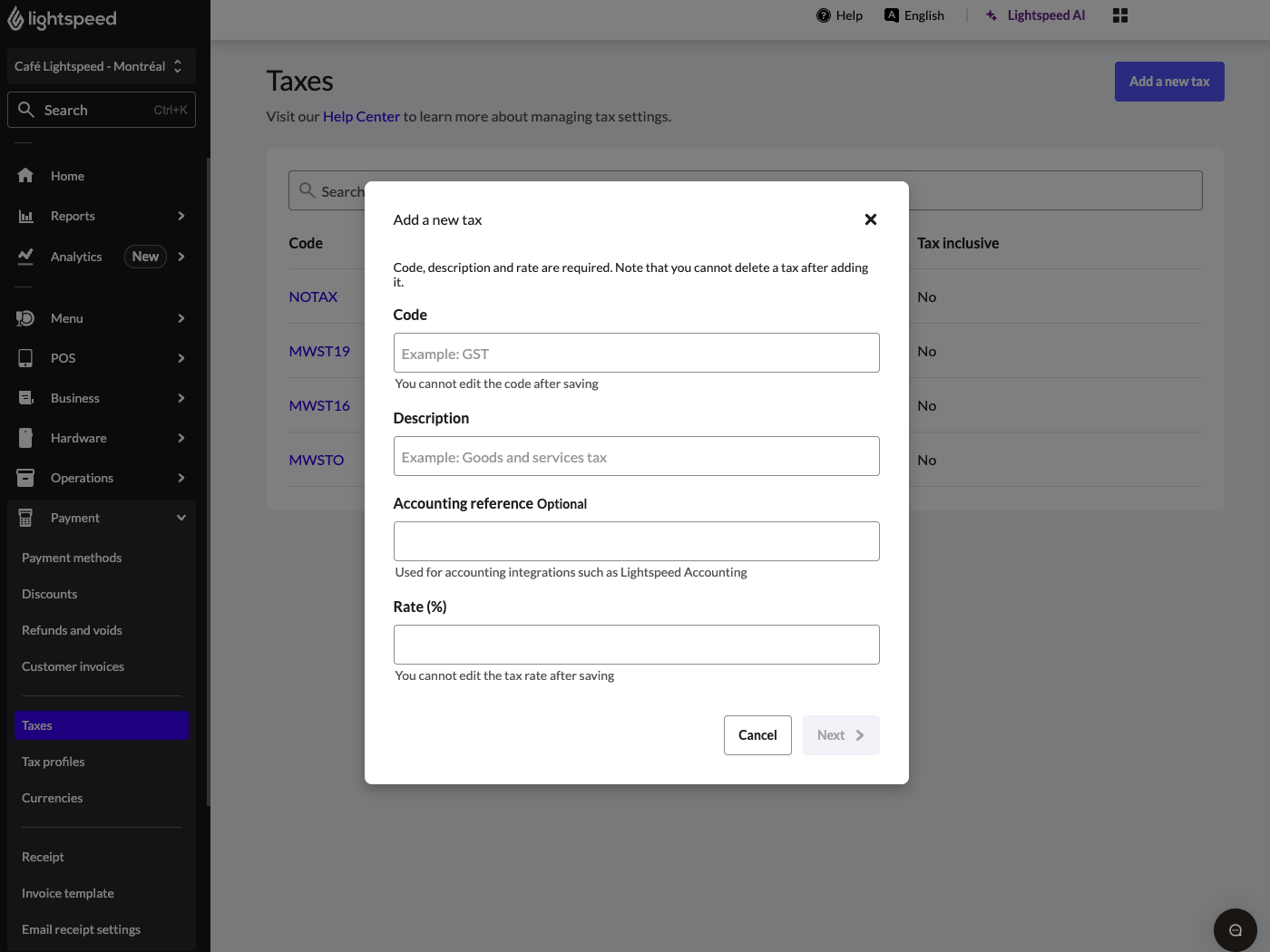 The Add a new tax pop-up window