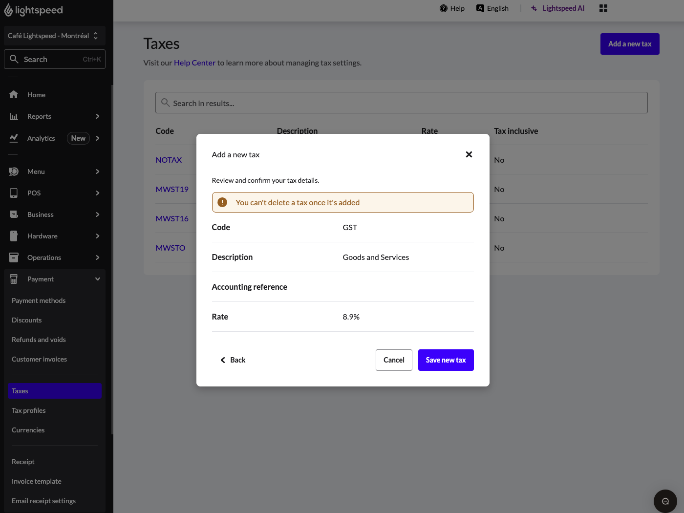 The Add a new tax review details pop-up window