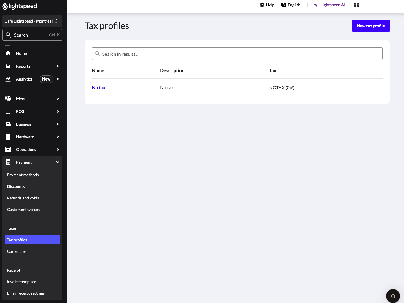 The Tax profiles page