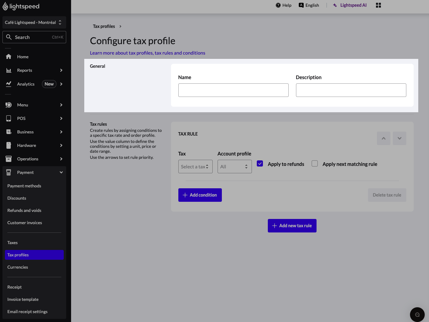 Configure tax profile page with Name and Description highlighted