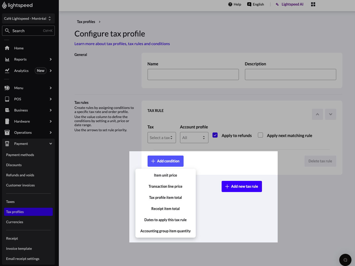 Configure tax profile page with Add condition highlighted