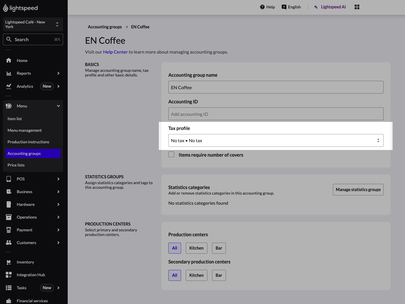 An Accounting group with the Tax profile section highlighted