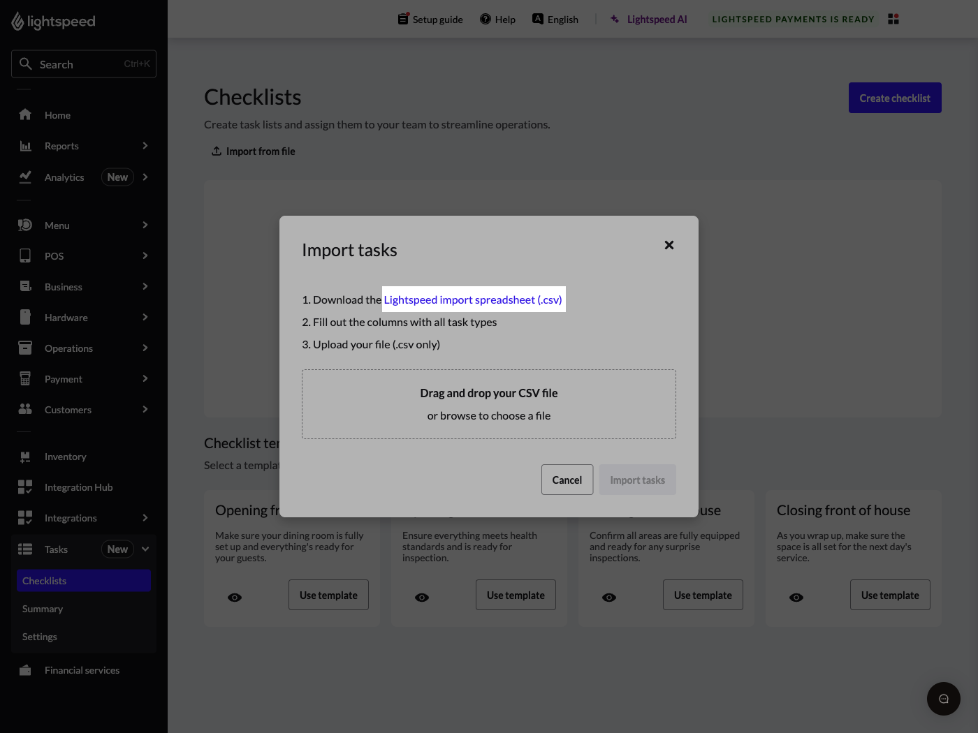 Fenêtre contextuelle « Importer des tâches », avec la feuille de calcul d'importation de Lightspeed mise en surbrillance.