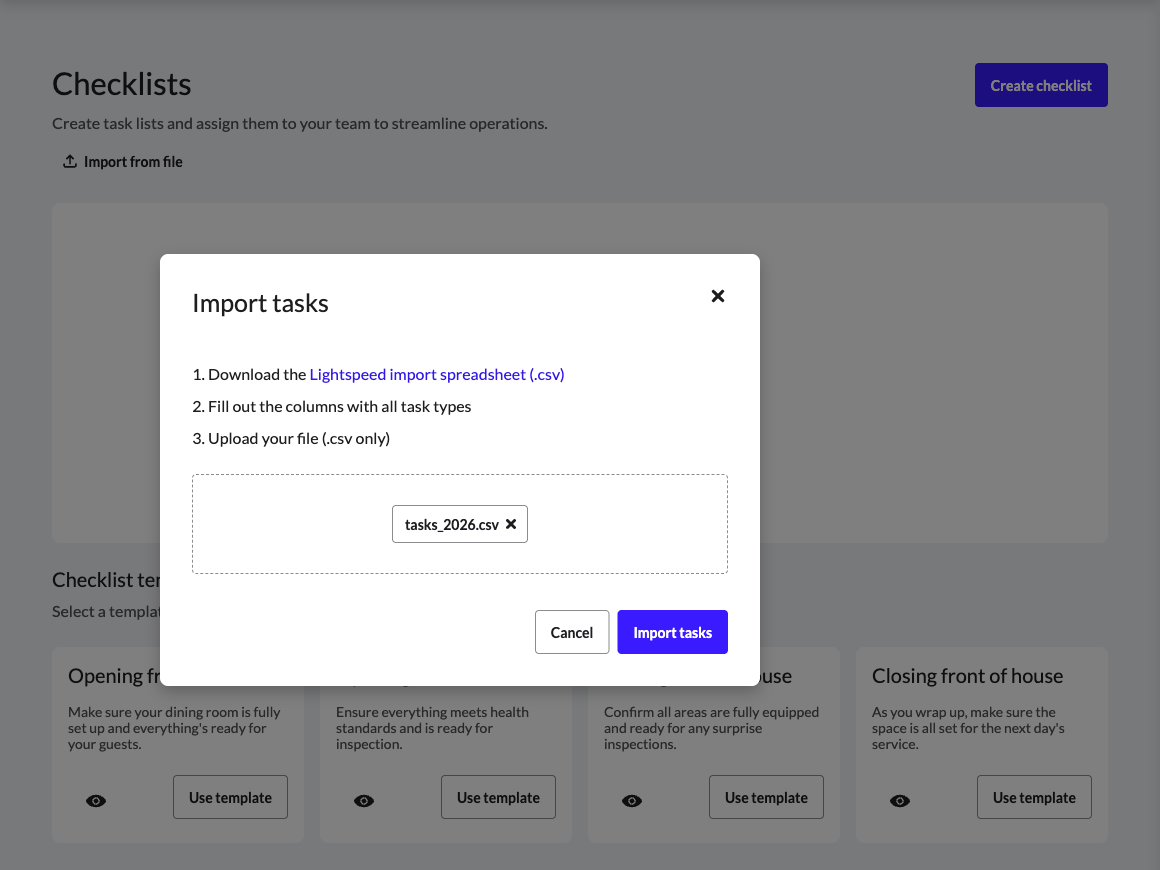 Fenêtre contextuelle 'Importer des tâches' contenant le fichier chargé et prêt à être importé.