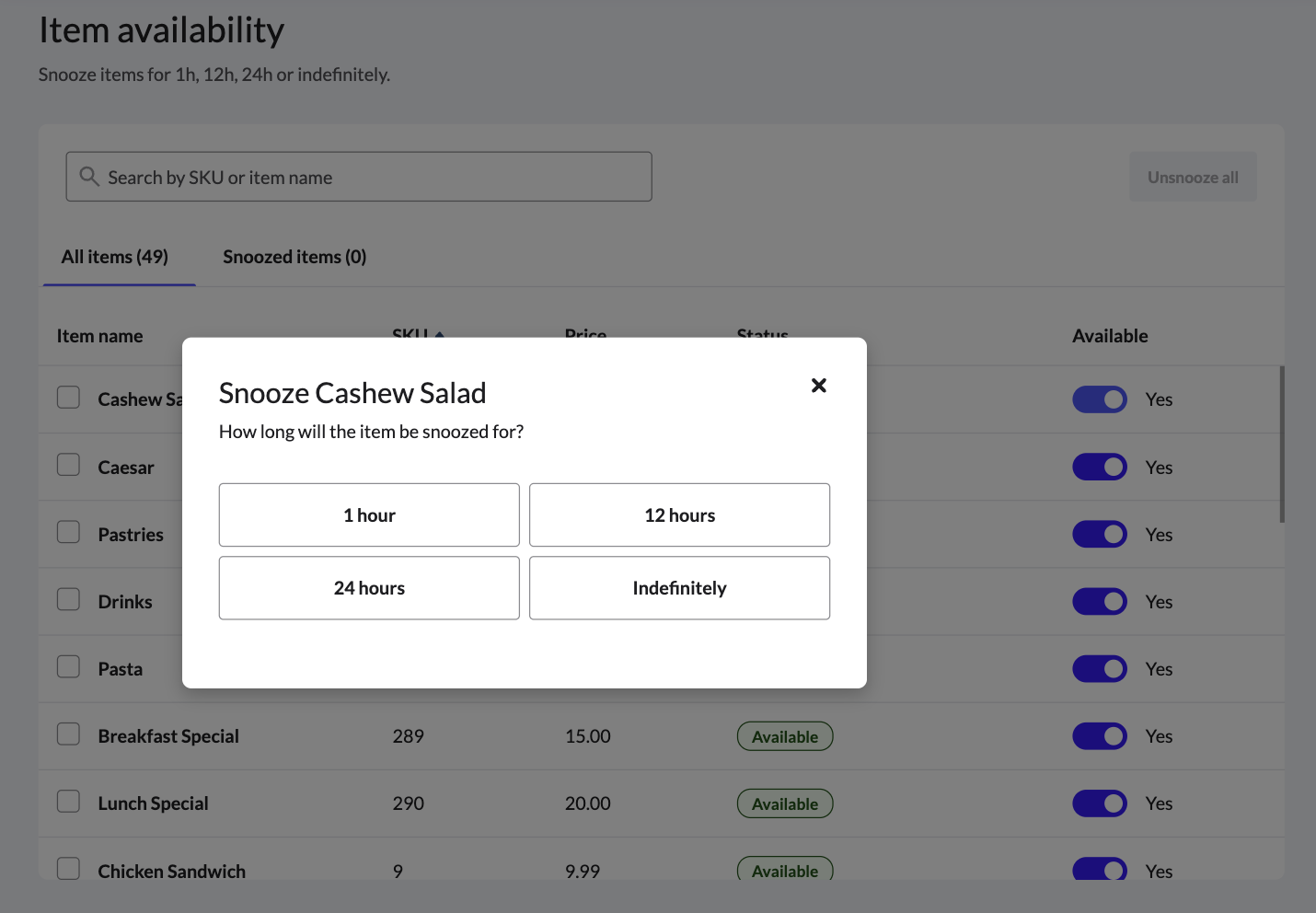 Scherm om items in het menu te sluimeren met de beschikbare opties voor sluimerduur: 1 uur, 12 uur, 24 uur en voor onbepaalde tijd.