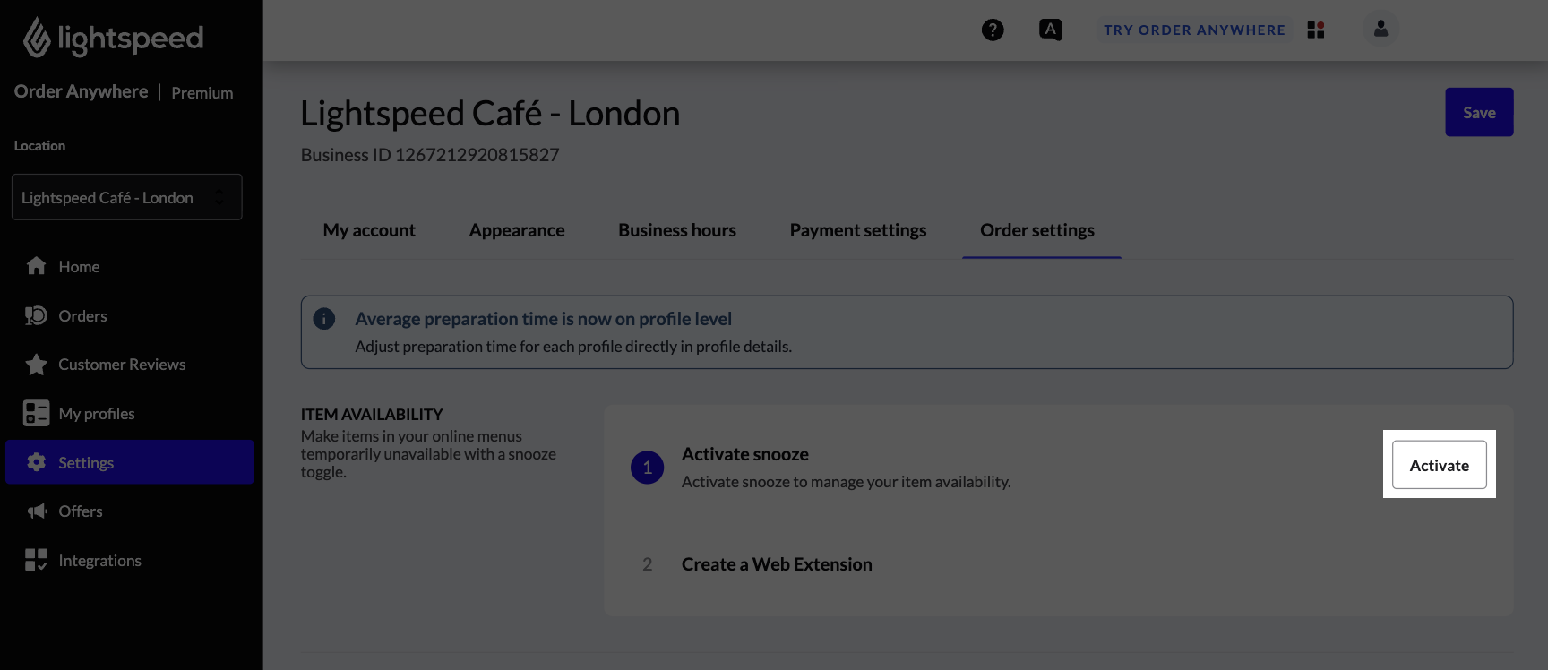 Section ‘Disponibilité des articles’ du back-office d'Order Anywhere, avec le bouton ‘Activer’ mis en évidence
