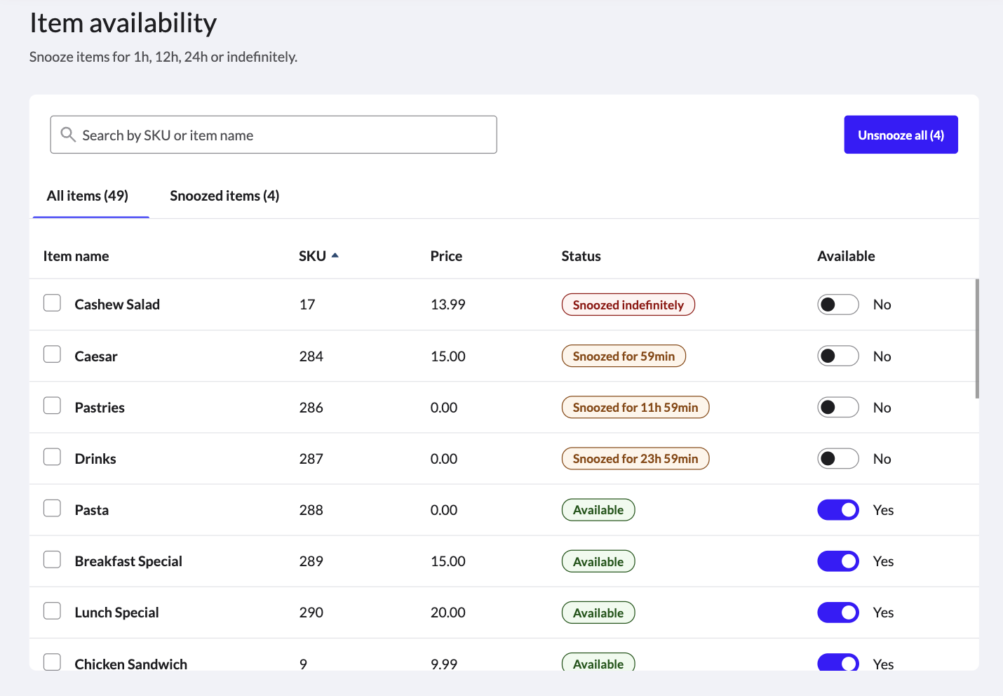 Page de disponibilité des articles avec la disponibilité des articles activée