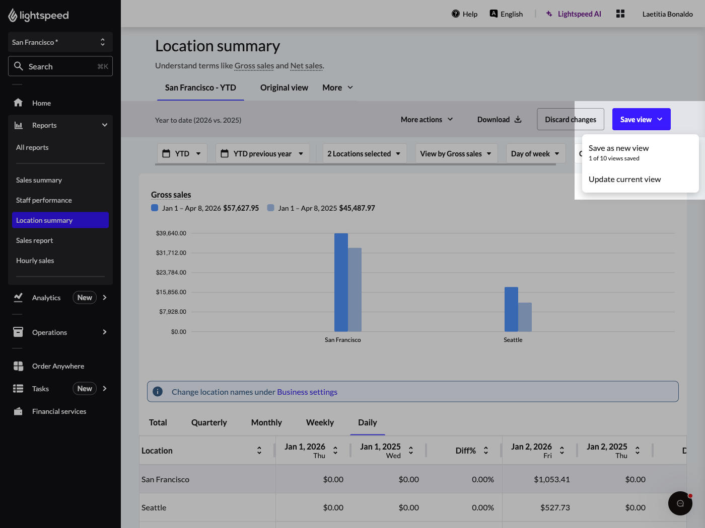 Location summary report with the "Save view" drop-down menu expanded and "Update current view" option highlighted