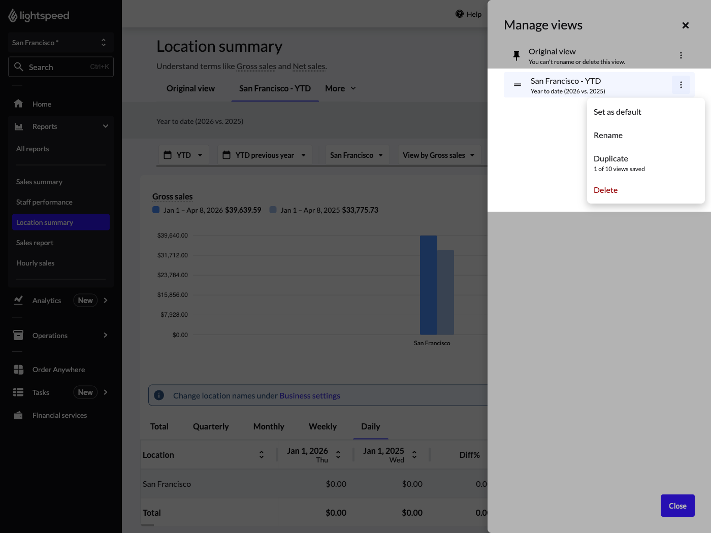 "Manage views" panel showing a custom view’s More (three dots) menu options expanded and highlighted.