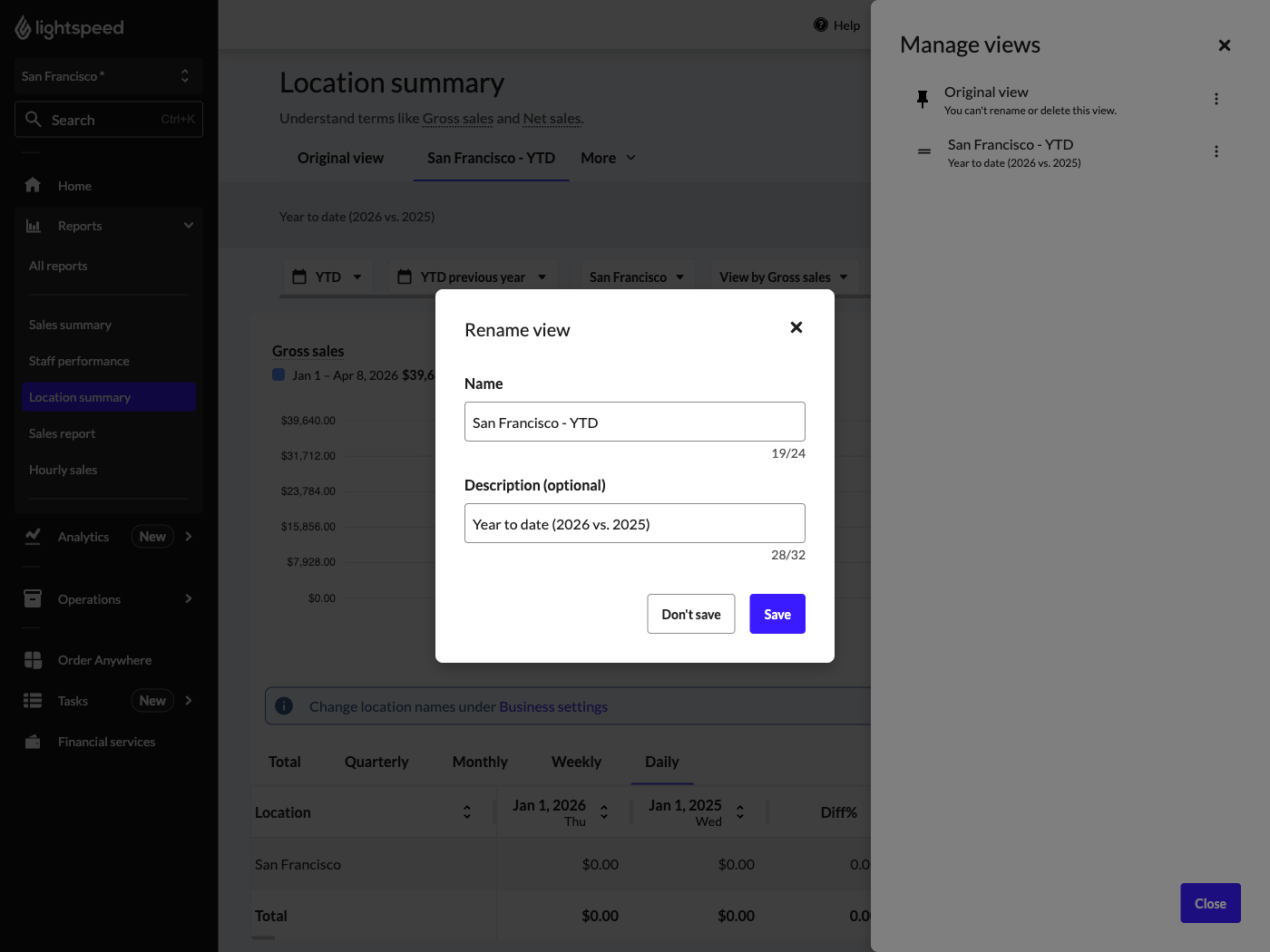 "Rename view" pop-up showing a name and description entered.