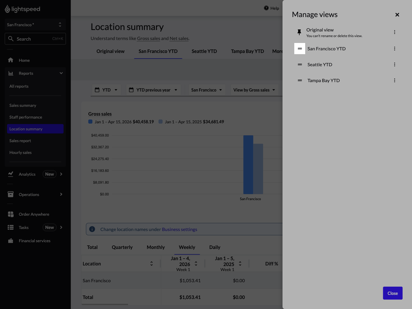 "Manage views" panel showing a view with a two line icon (Reorder) highlighted next to it.
