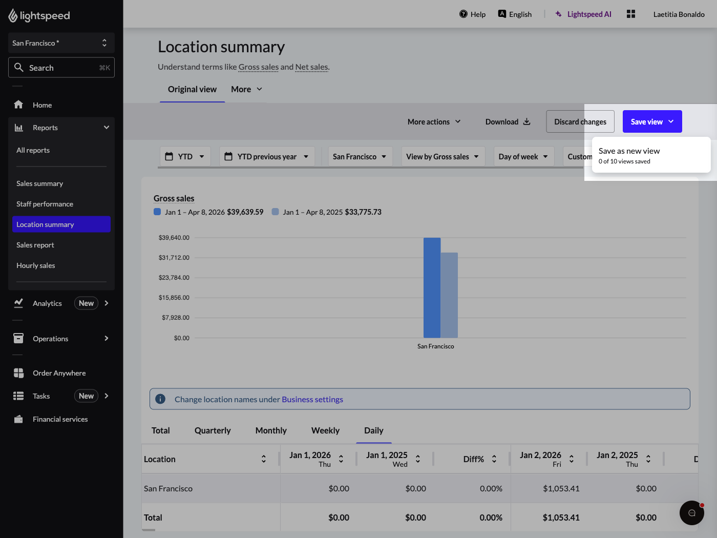 Location summary report with the "Save view" drop-down menu expanded and "Save as new view" option highlighted
