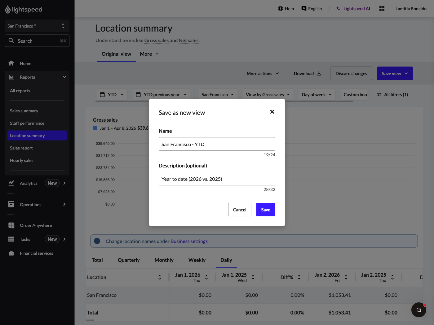 "Save as new view" pop-up showing a name and description entered.