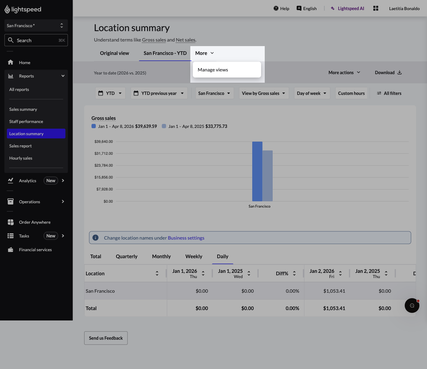 Location summary report with the "More" drop-down menu expanded and "Manage views" option highlighted