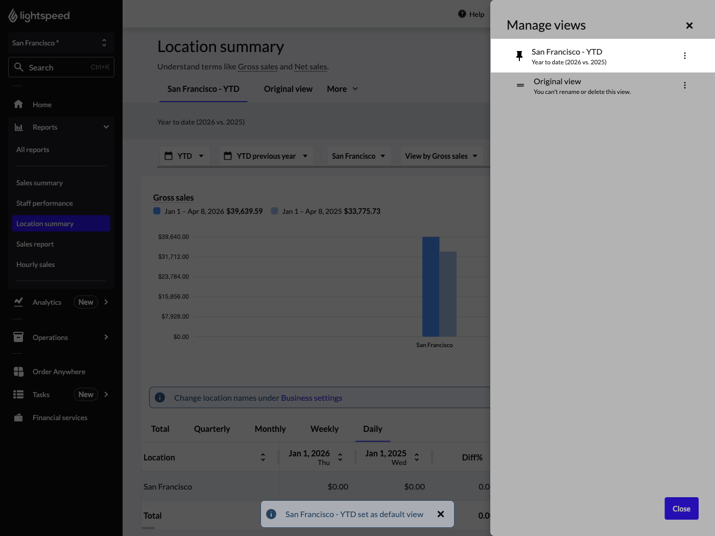 "Manage views" panel showing a view with a pin icon at the top of the list.