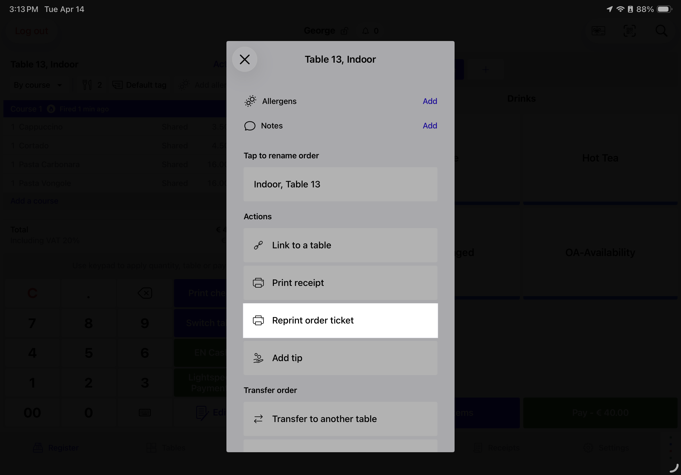Actions pop-up at the order level with "Reprint order ticket" highlighted.
