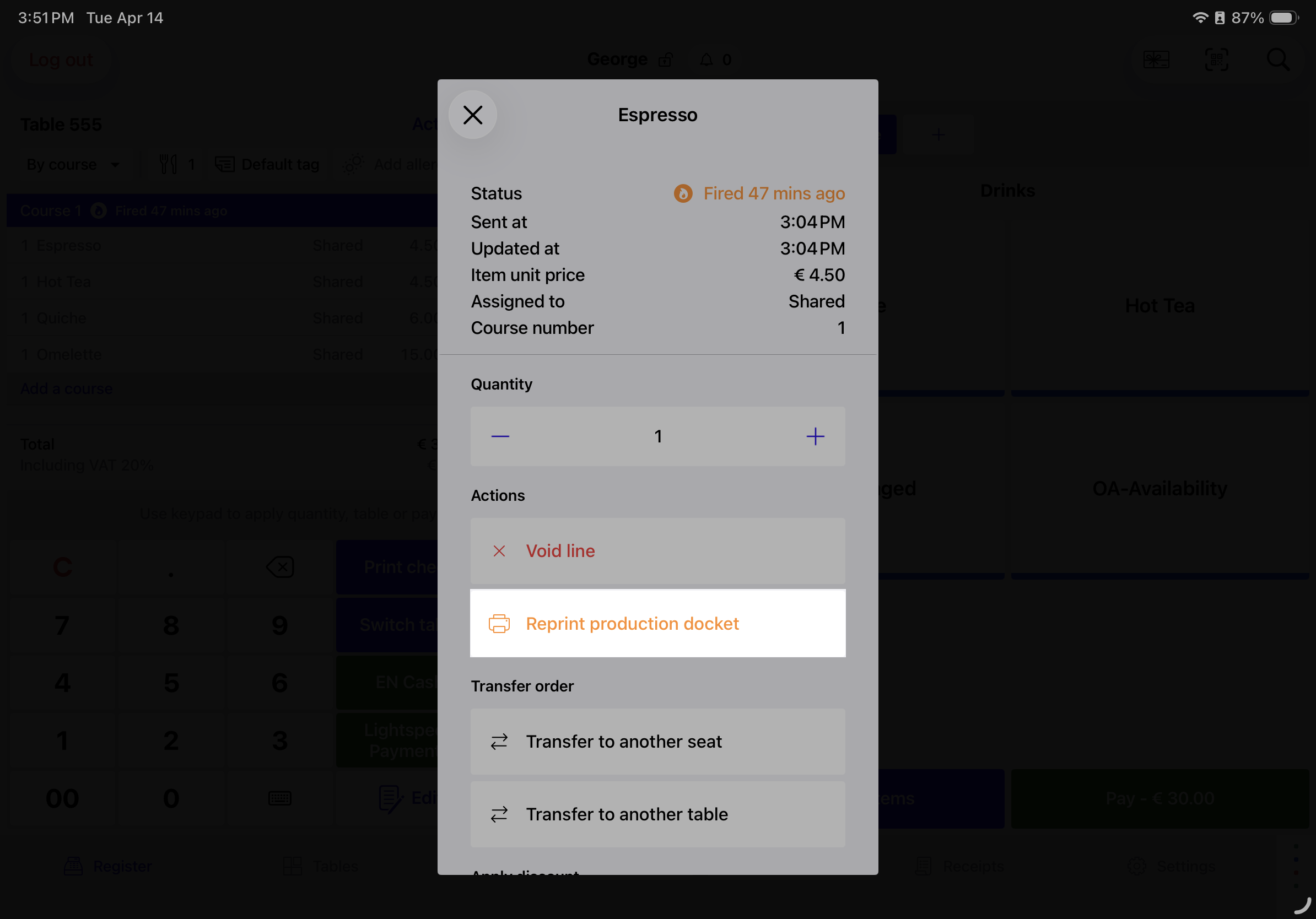 Actions pop-up at the item level with "Reprint order ticket" highlighted.