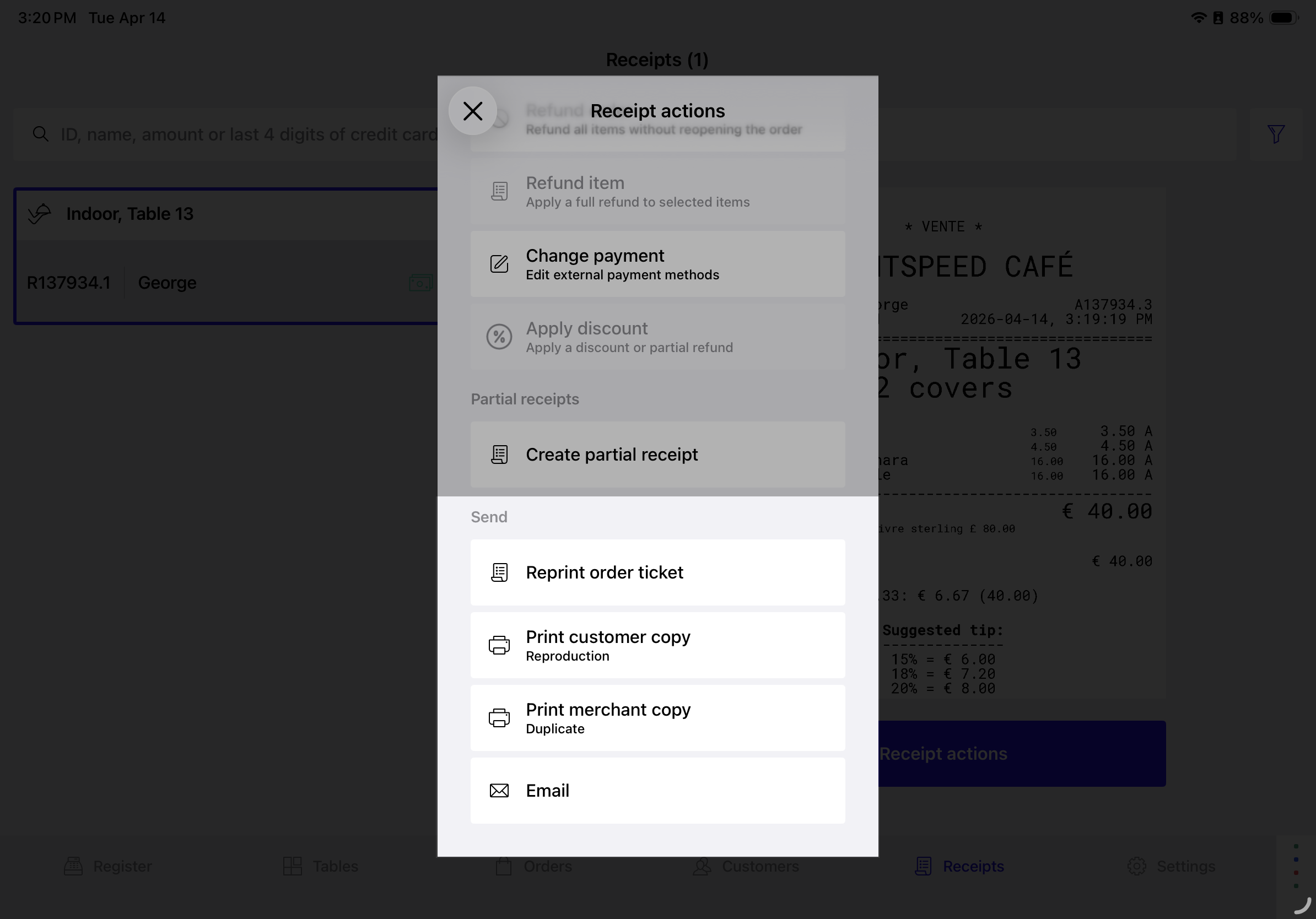 Receipt actions pop-up with the "Send" section options highlighted: Reprint order ticket, Print customer copy (reproductions), Printer merchant copy (duplicate), and Email.