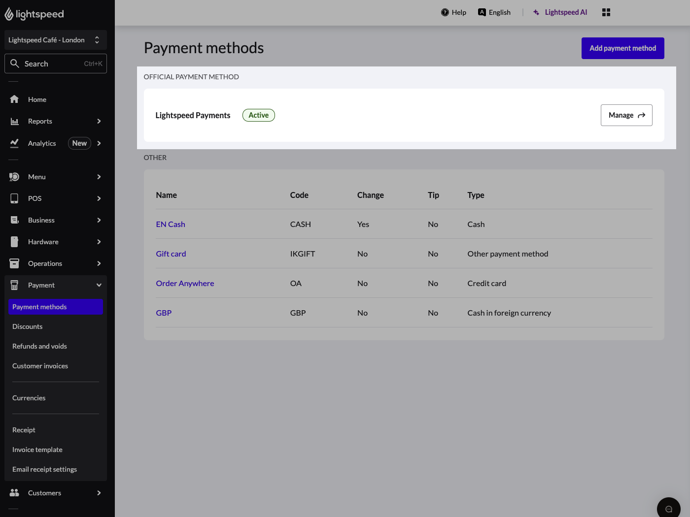 The Payment Methods home page in Lightspeed Restaurant. The Payment method titled 'Lightspeed Payments' has been highlighted.
