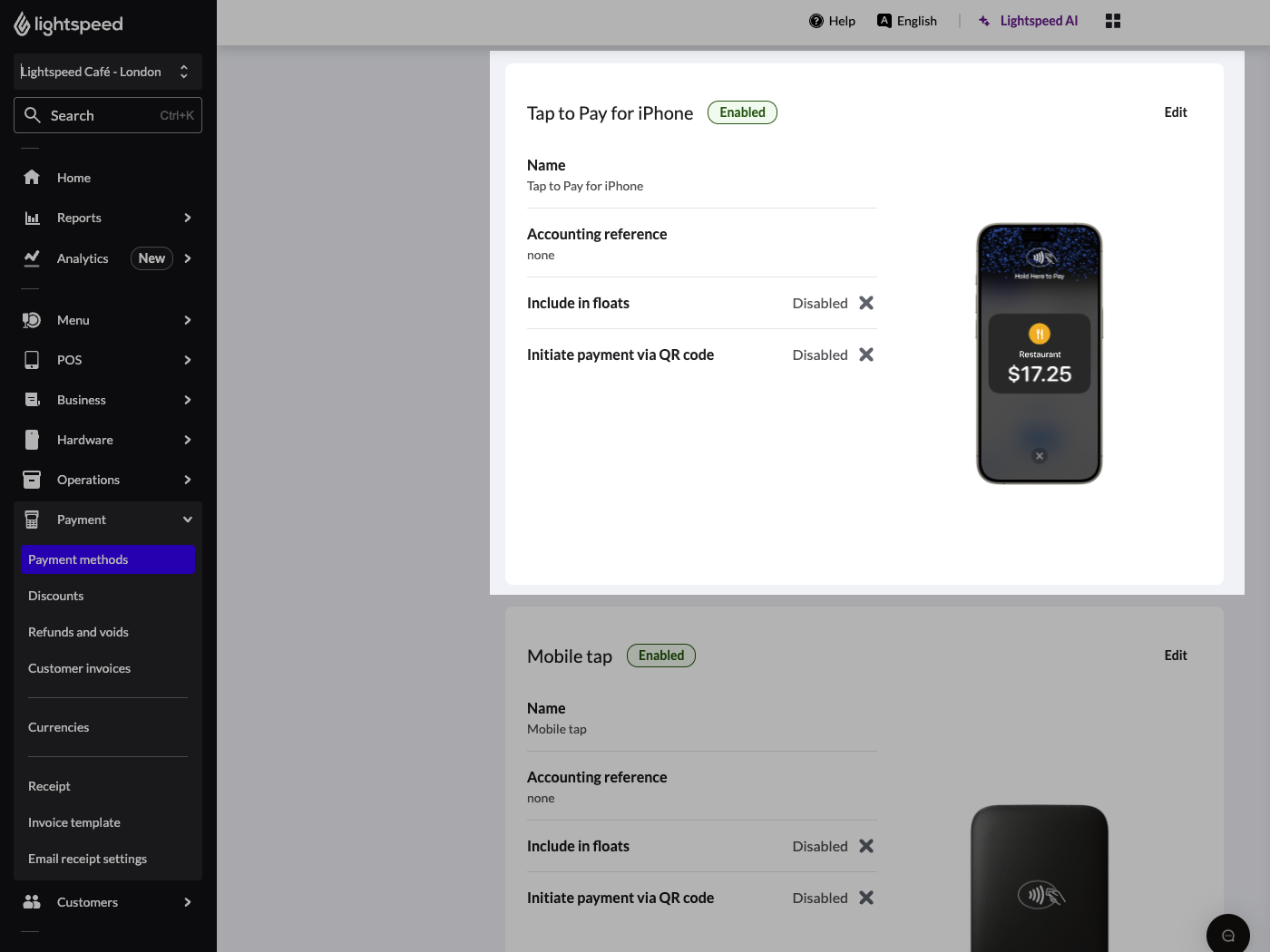 The settings page in Lightspeed Restaurant for the Tap to Pay for iPhone payment type.
