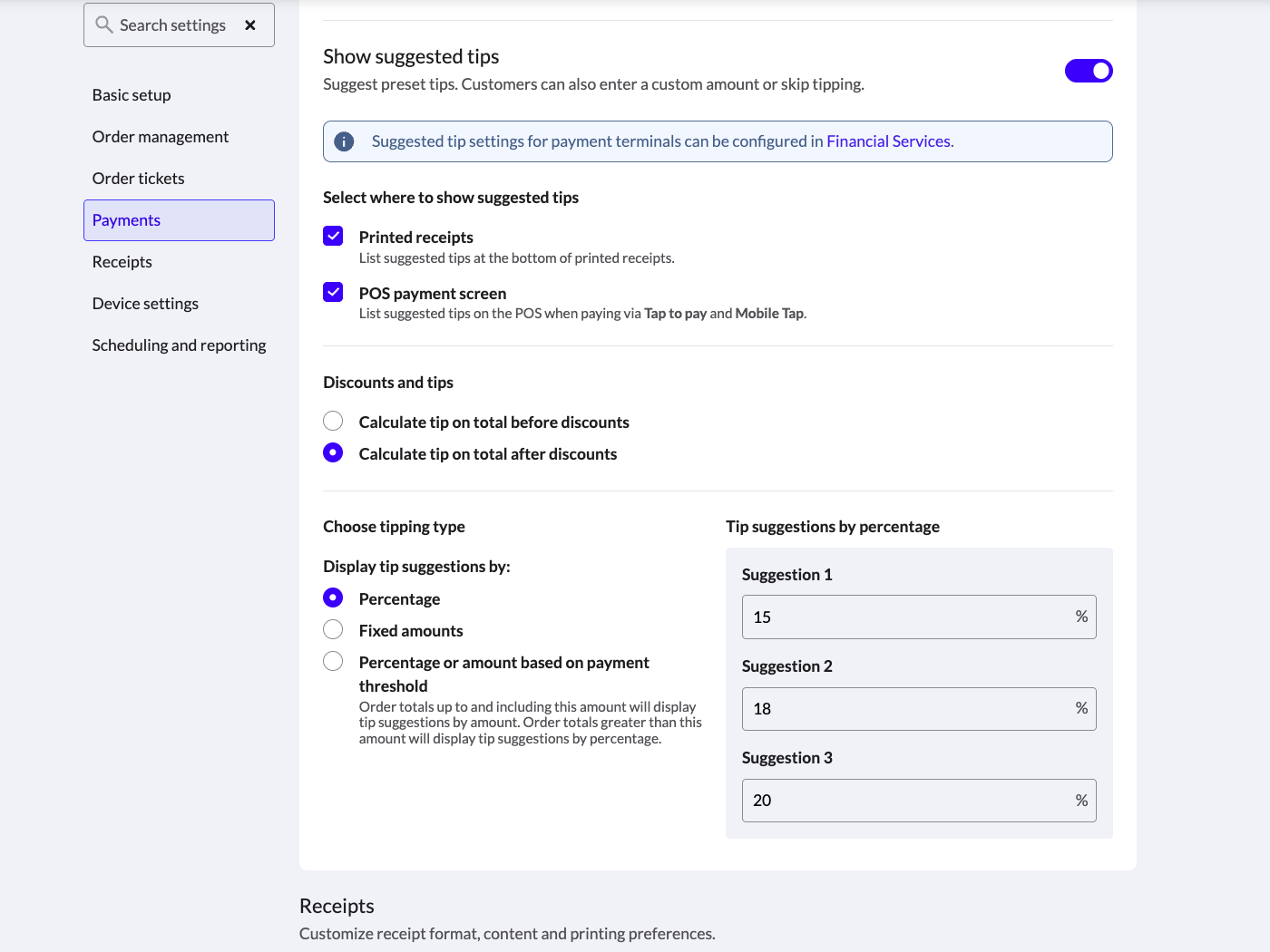 The POS configurations page in Lightspeed Back Office. 'Show suggested tips' has been enabled.