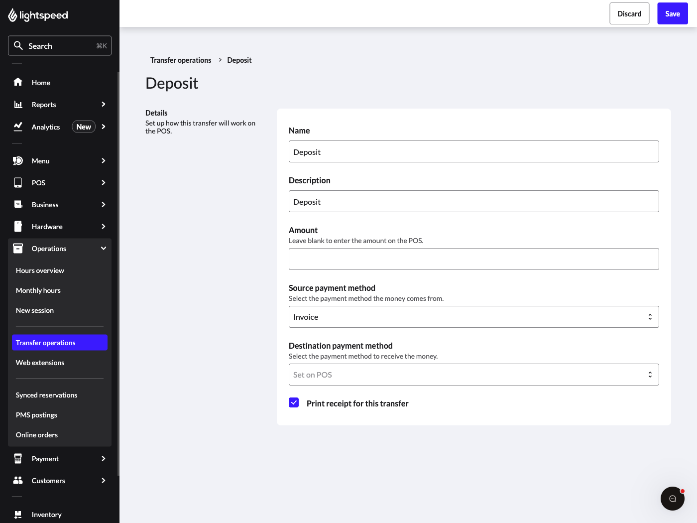 New transfer operation to make a deposit to customer accounts. Refer to above for long description of settings.