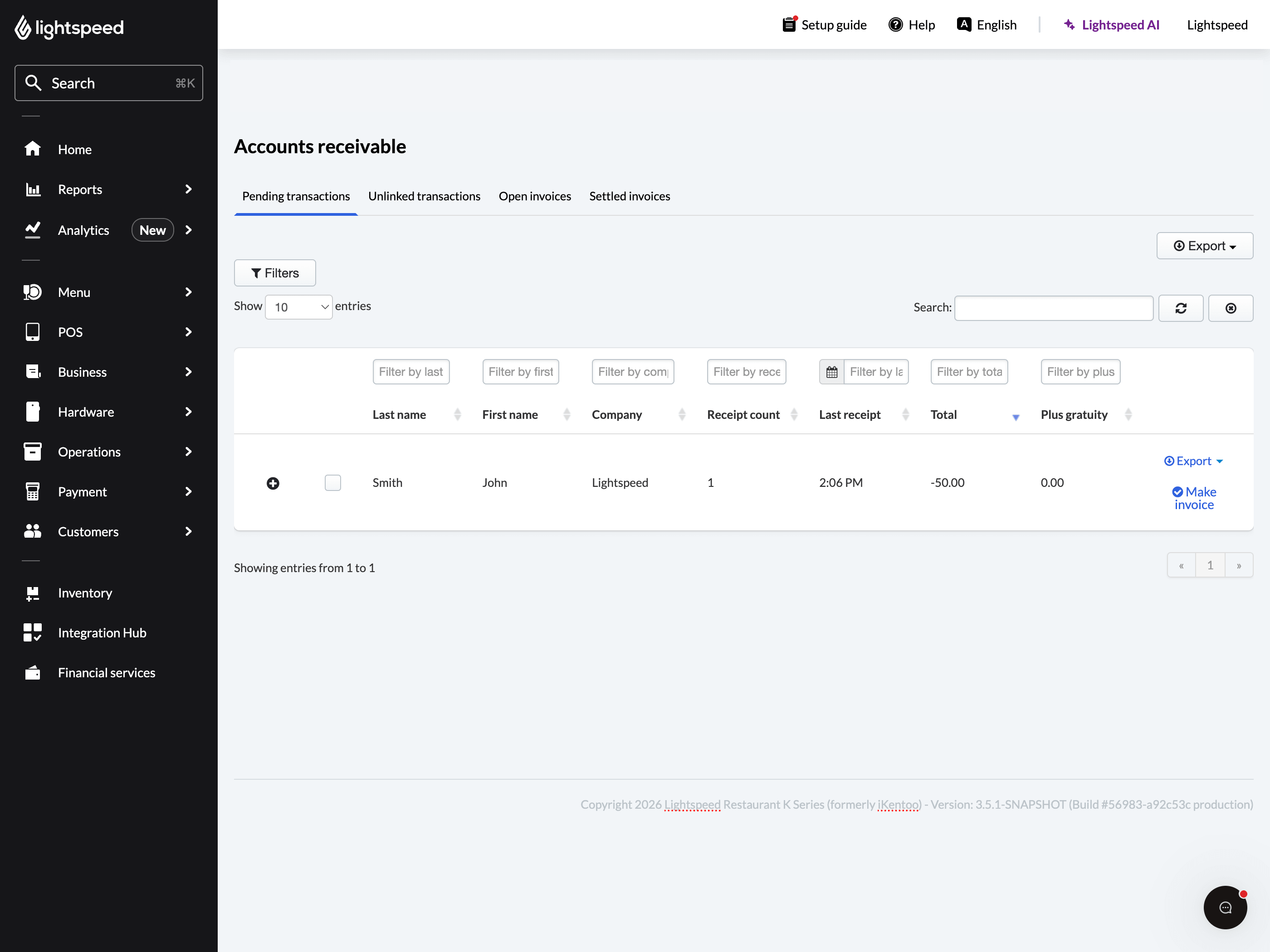 Accounts receivable page, listing a customer account with 50 dollar deposit.