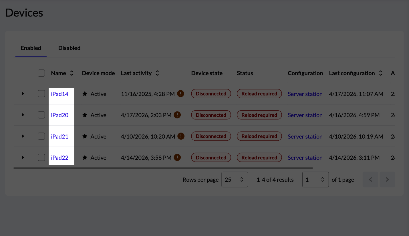 The Back Office 'Devices' page with a POS device highlighted.