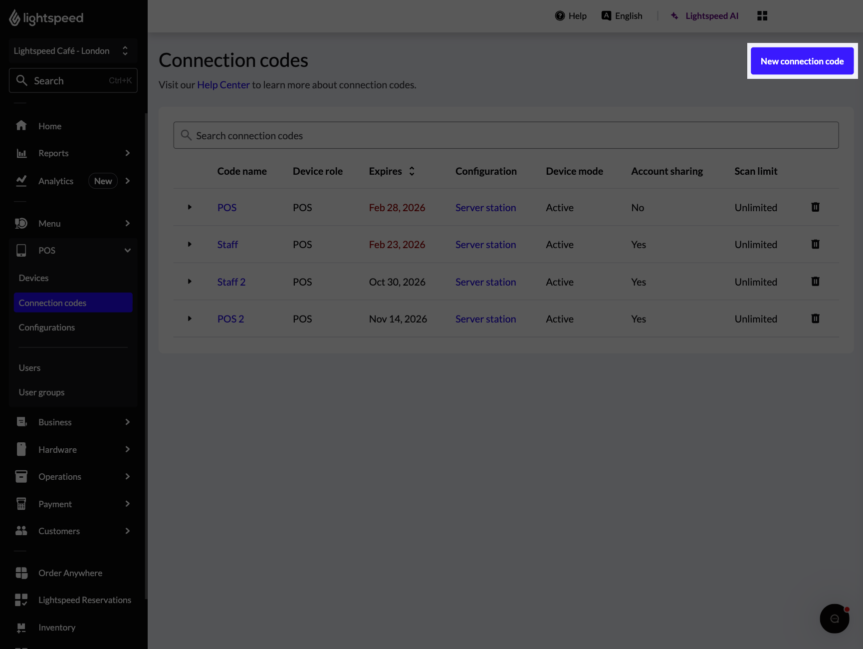 The Create connection code button highlighted
