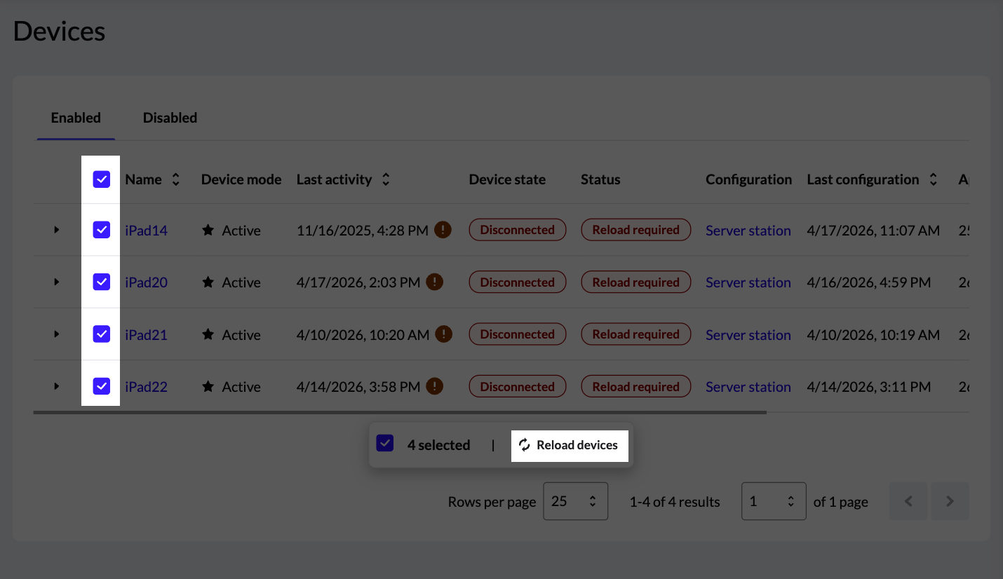 The Devices page with the checkboxes and Reload devices button highlighted