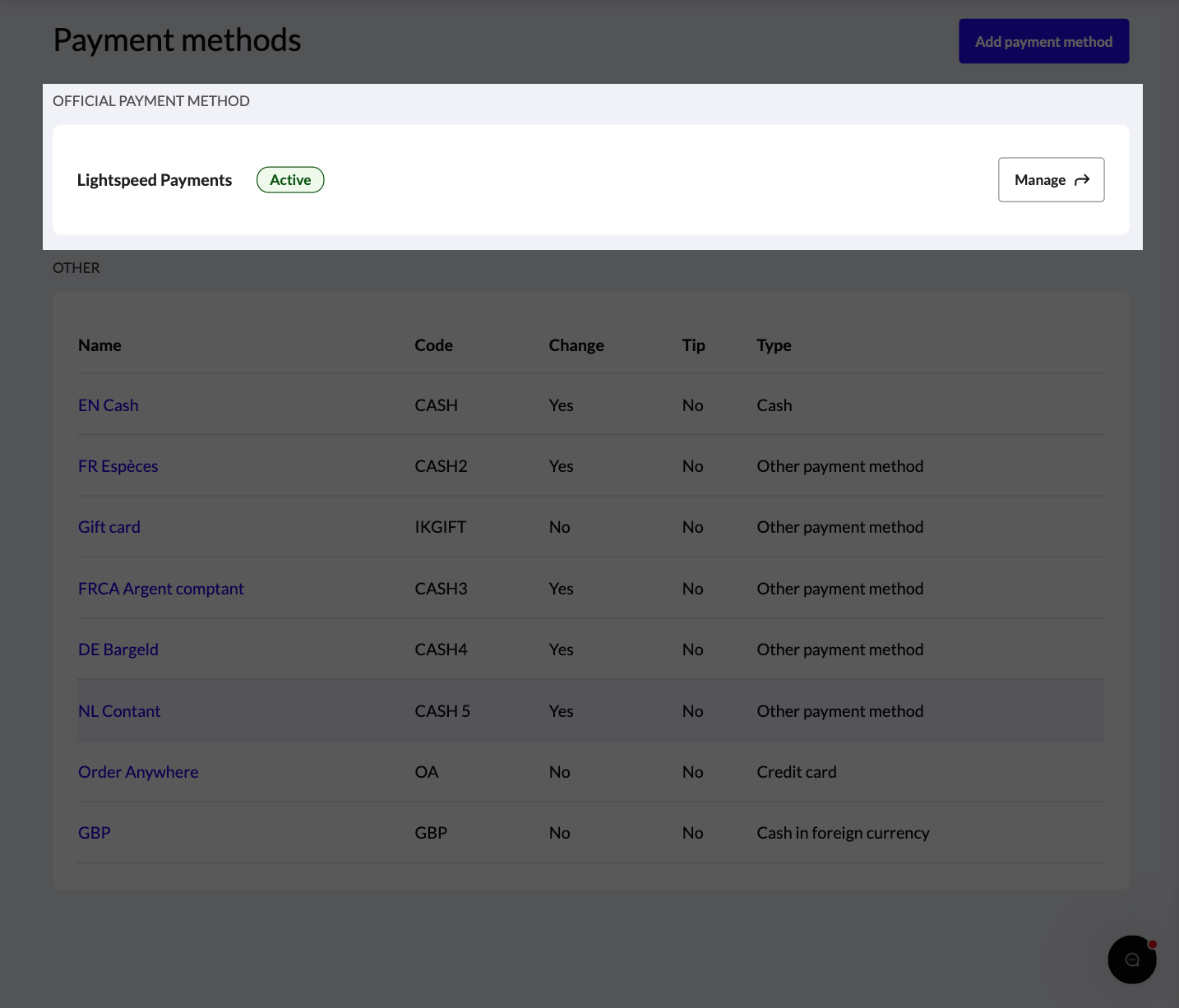 Image displays the landing page for payment methods in the Back Office of Lightspeed Restaurant. The payment method named 'Lightspeed Payments' has been highlighted.