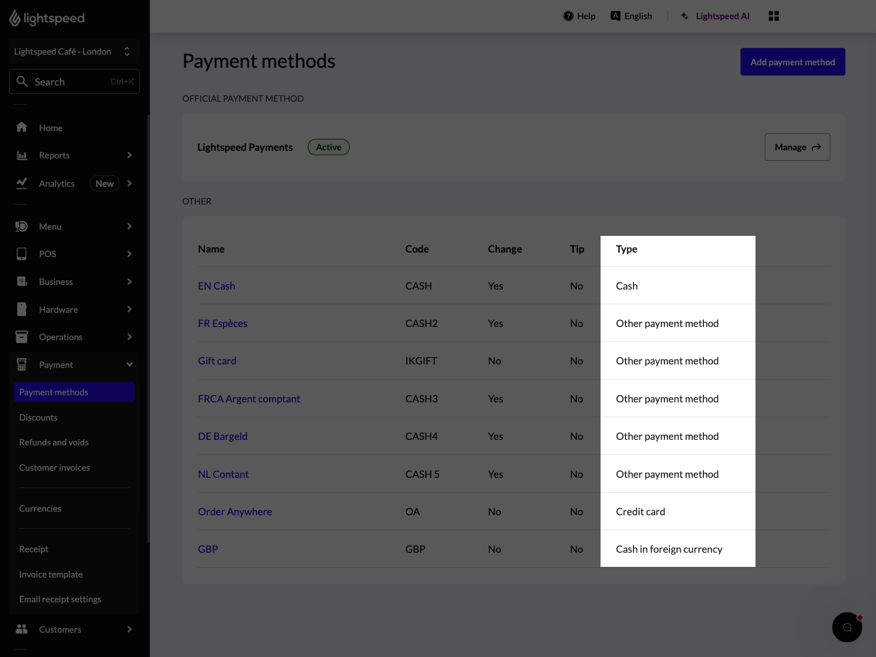 The Payment methods page with Payment types highlighted