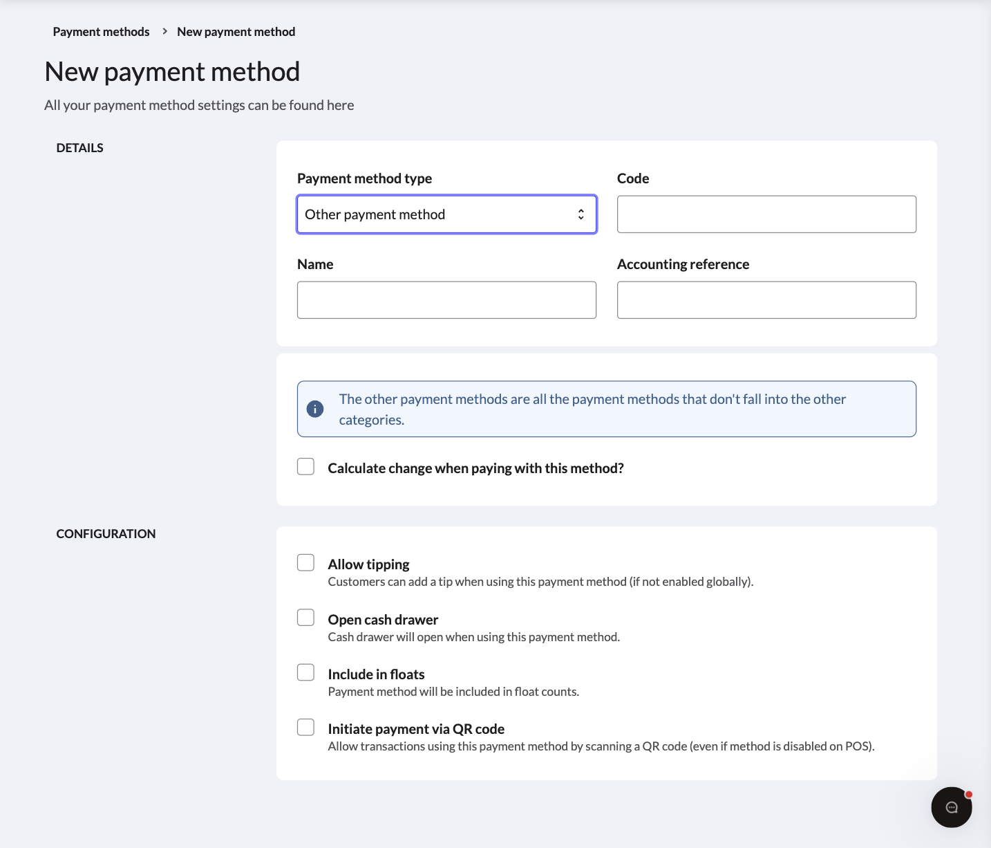 Image shows the setting page for creating a new payment method. The payment type 'Other payment method' has been selected.