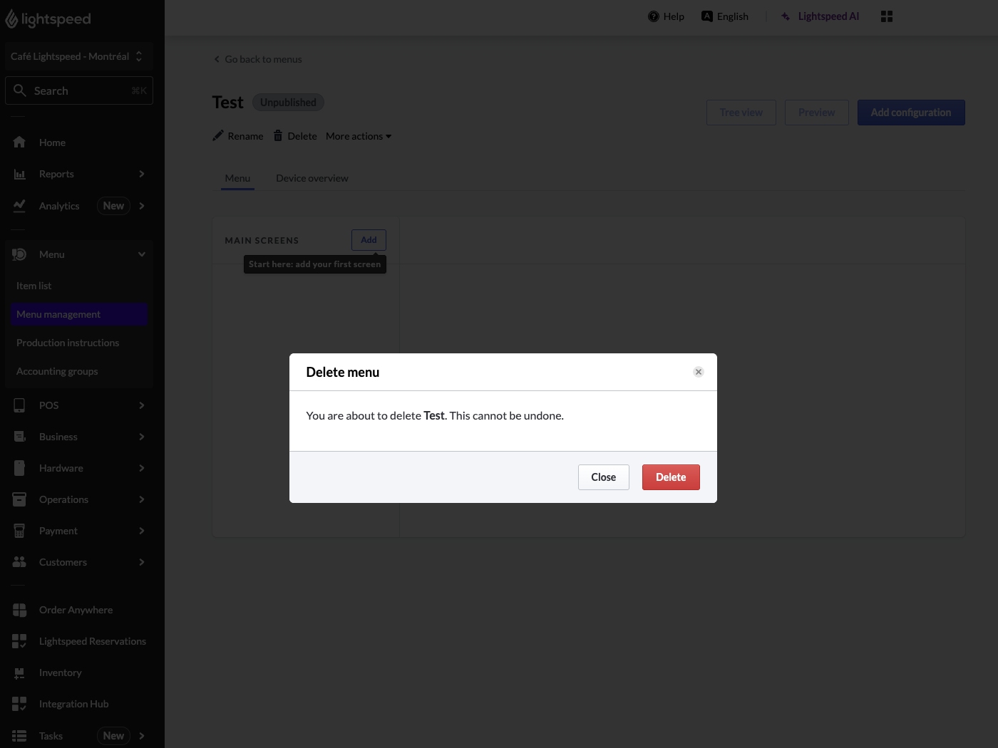 Menu deletion screen