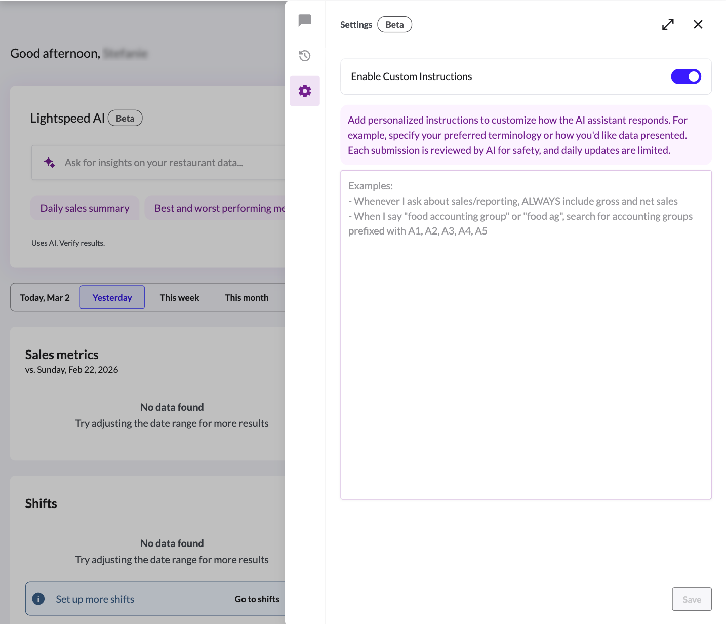 Het tabblad Instellingen in het chatvenster met de AI-assistent in Insights