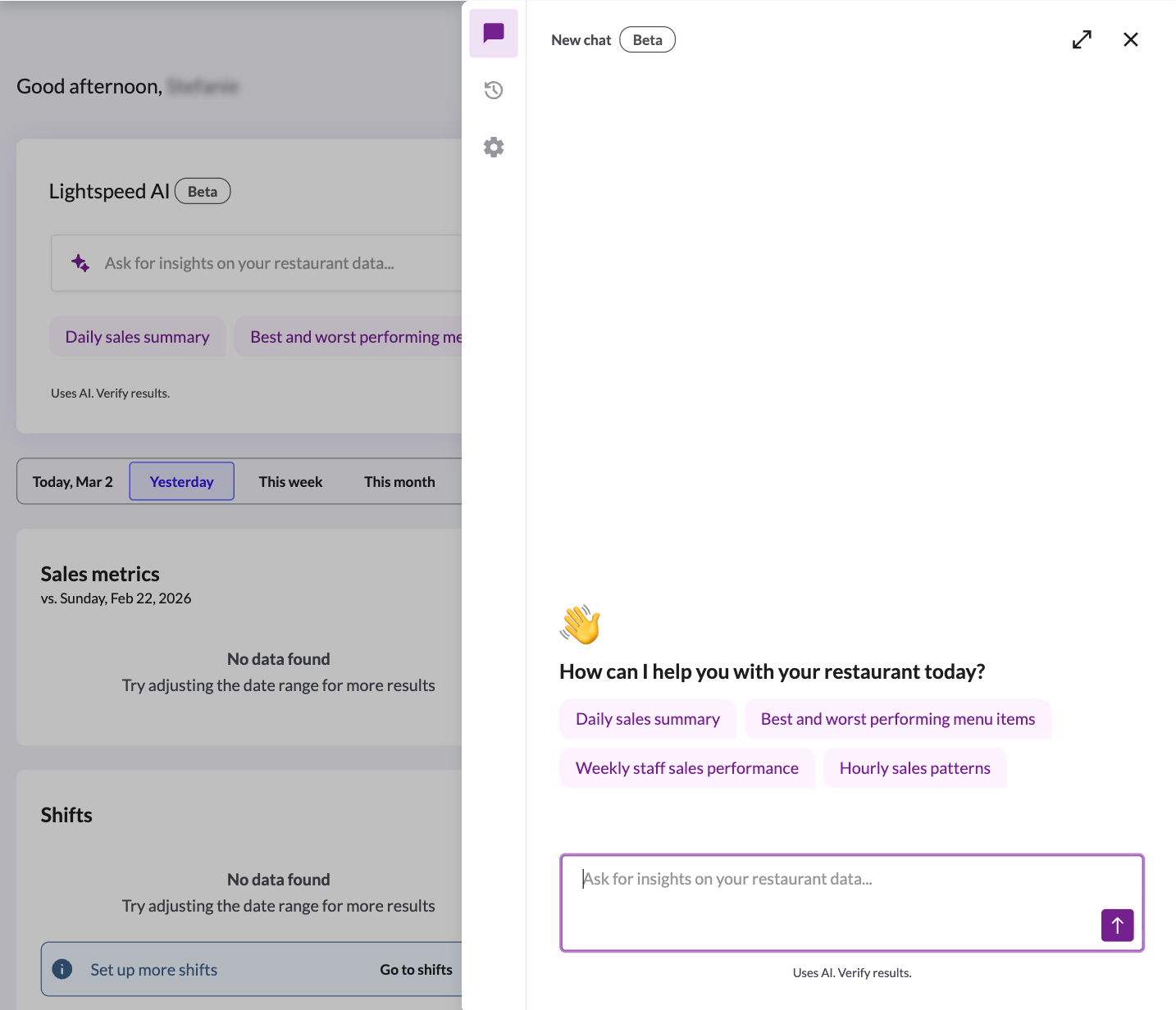 Fenêtre contextuelle de l'agent Insights AI, avec un nouveau chat