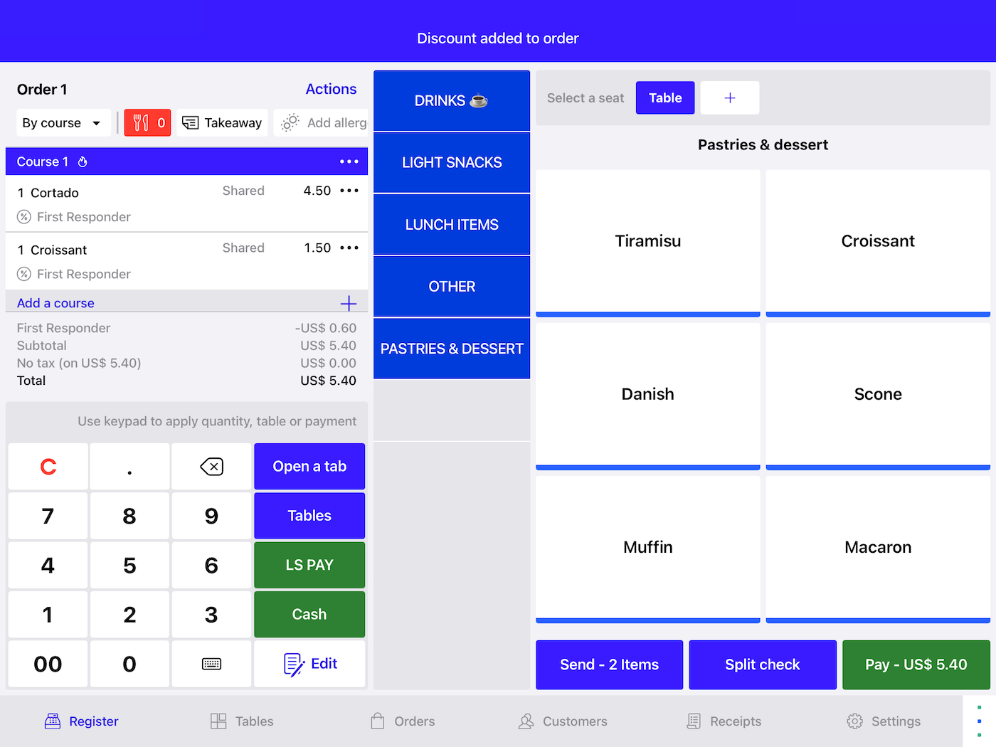 An open order in Lightspeed POS. A banner reads, 'Discount added to order'