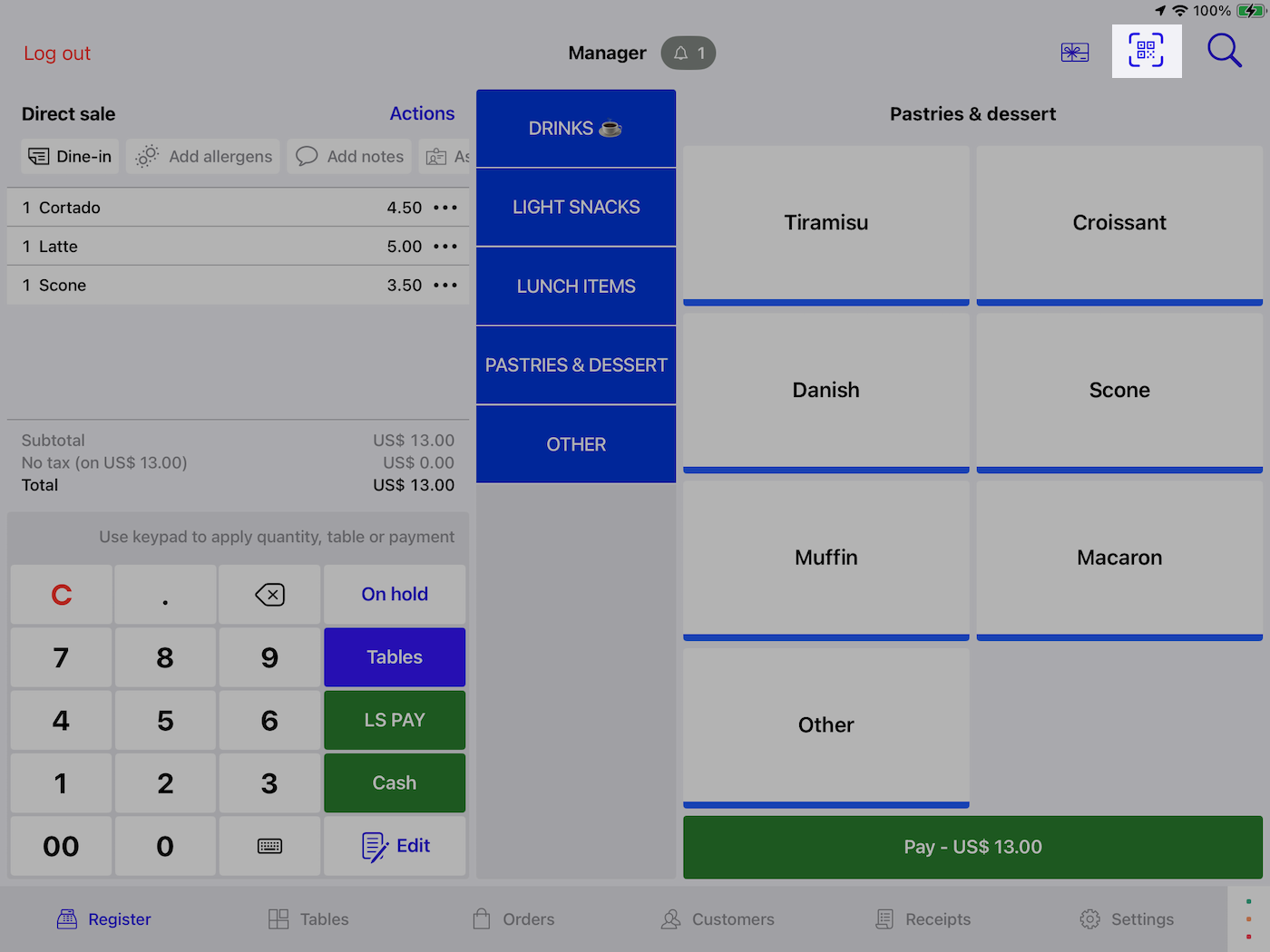 An open order in Lightspeed POS. The scan icon has been highlighted.