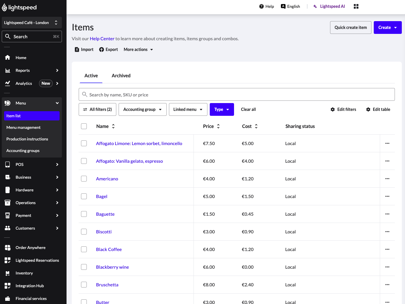 The Item list in Lightspeed Back Office.