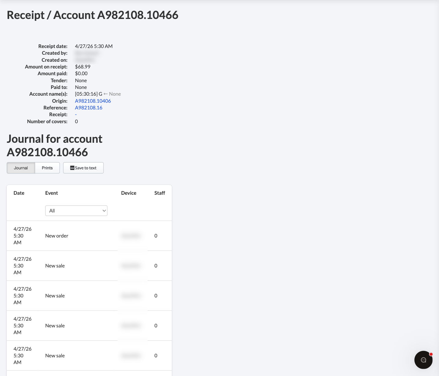 Clicking on a receipt from the Open Accounts report allows you to view more details about the transaction.