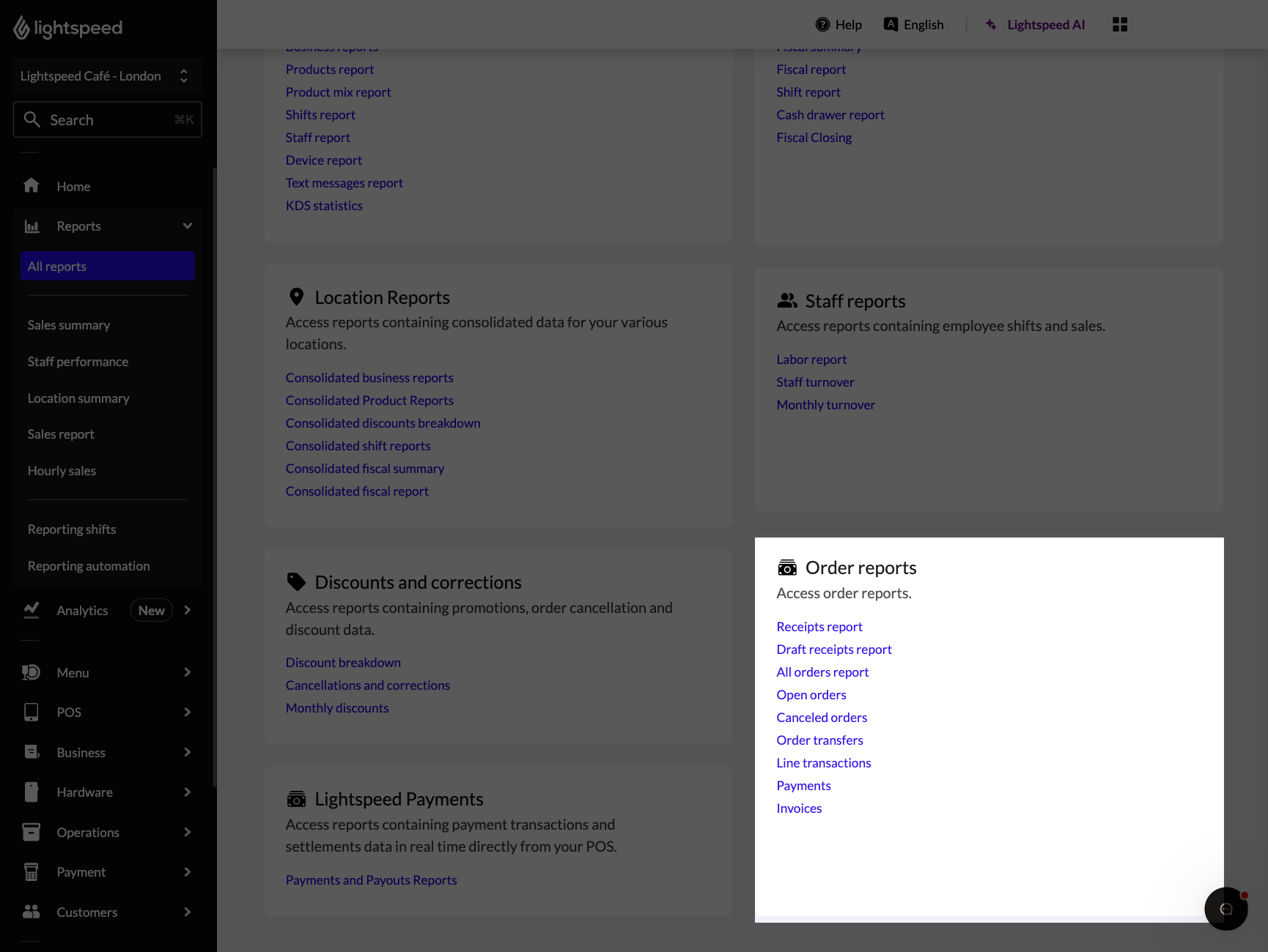 Image displays the home page for reports in the Lightspeed Restaurant Back Office. The section titled 'Order reports' has been highlighted.